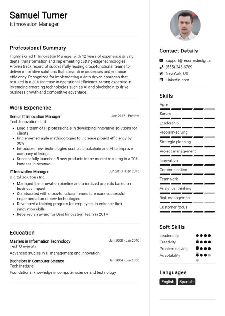 It Innovation Manager Resume Example