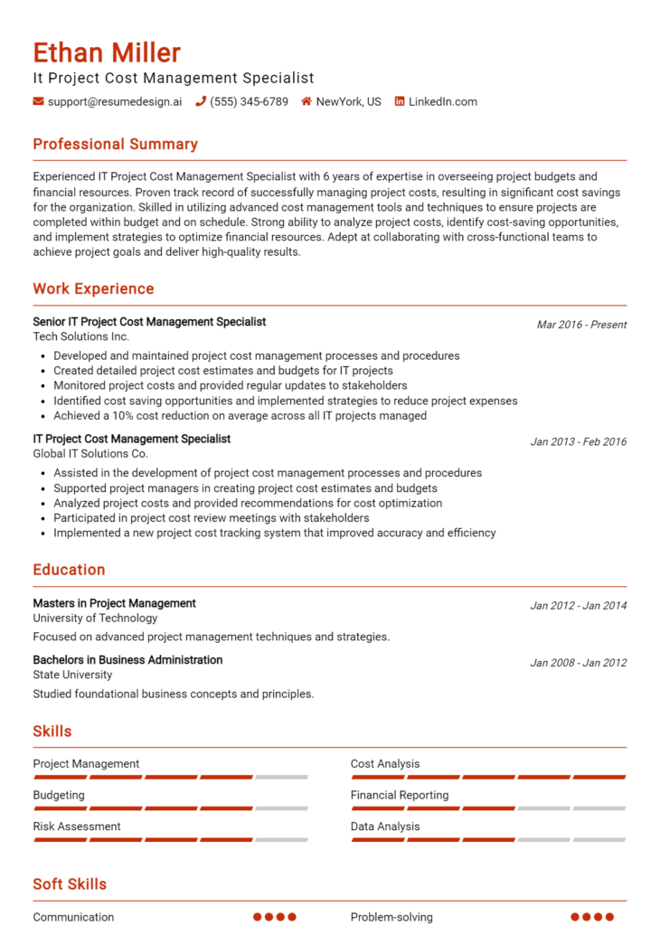 It Project Cost Management Specialist Resume Example