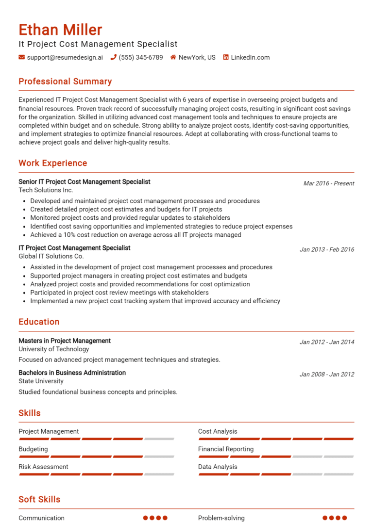 14 IT Project Cost Management Specialist Resume Examples And Templates for 2025
