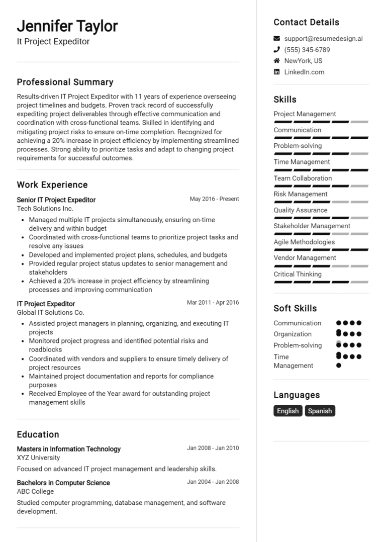 14 IT Project Expeditor Resume Examples And Templates for 2025: Expert Tips