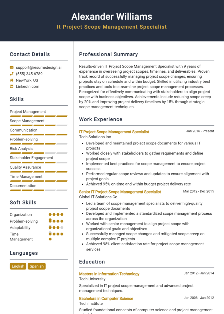 It Project Scope Management Specialist Resume Example