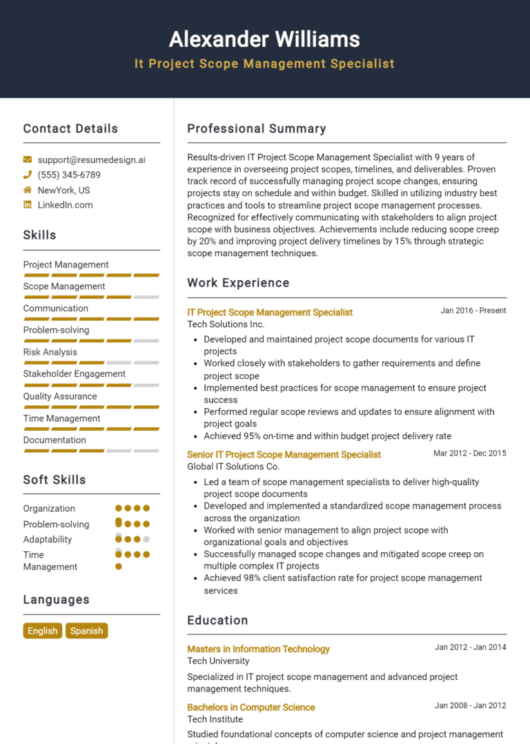 14 IT Project Scope Management Specialist Resume Examples And Templates for 2025