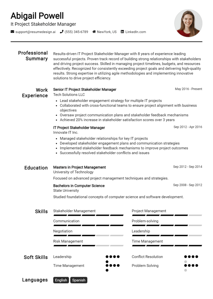 It Project Stakeholder Manager Resume Example