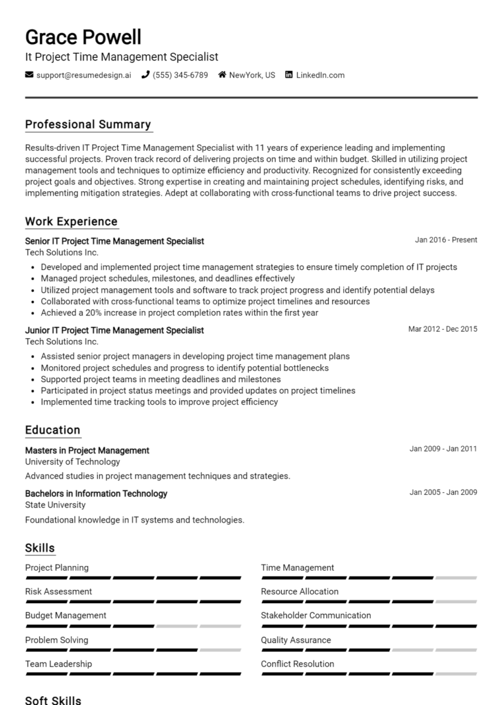 It Project Time Management Specialist Resume Example