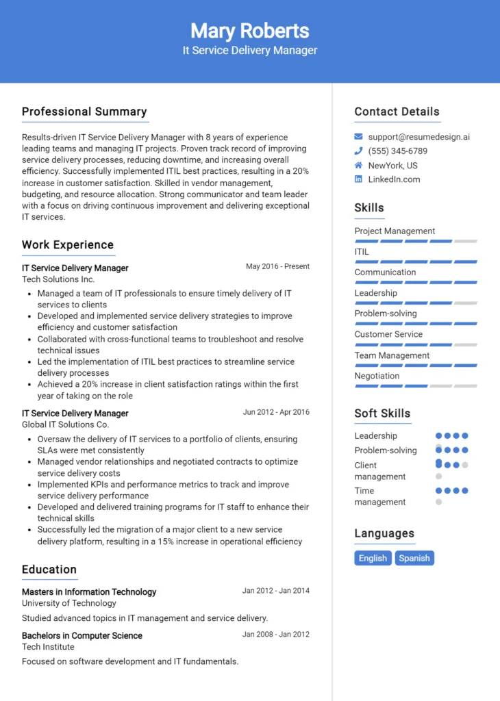 It Service Delivery Manager Resume Example