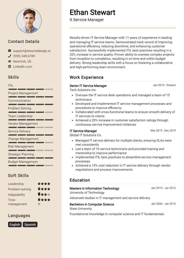 It Service Manager Resume Example