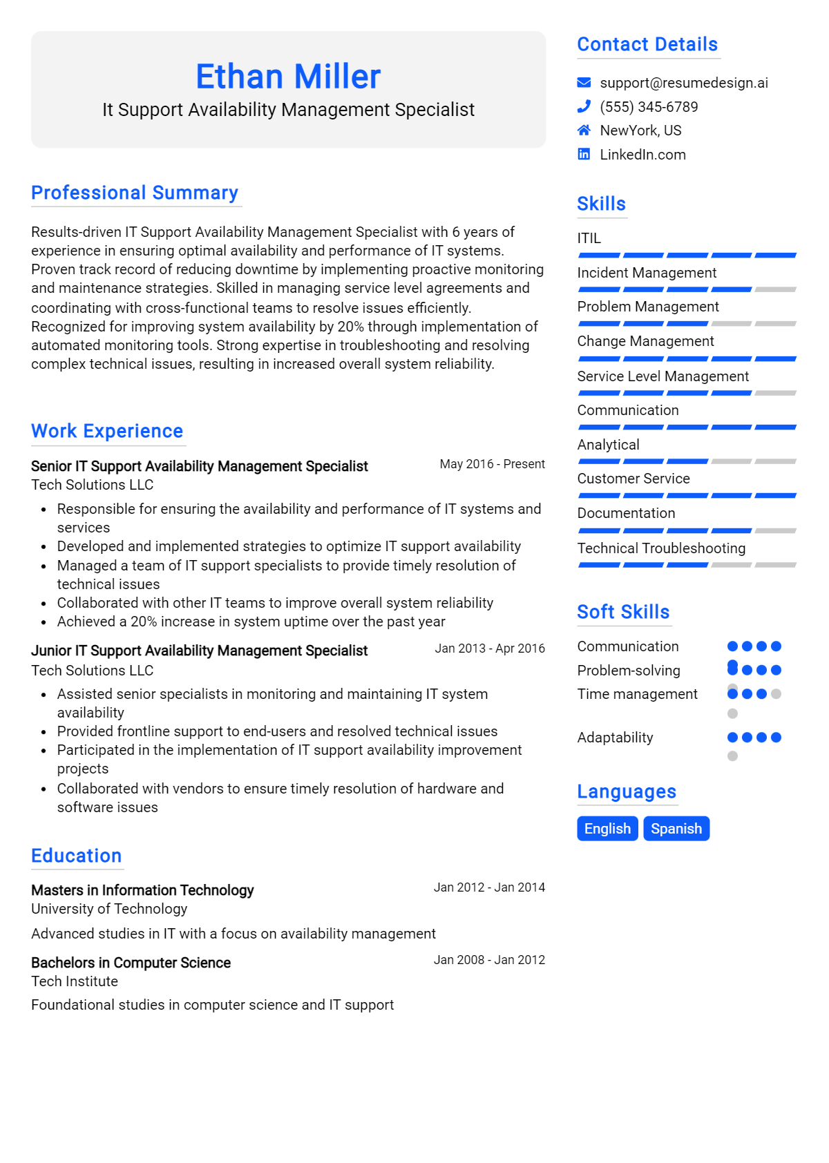 It Support Availability Management Specialist Resume Example