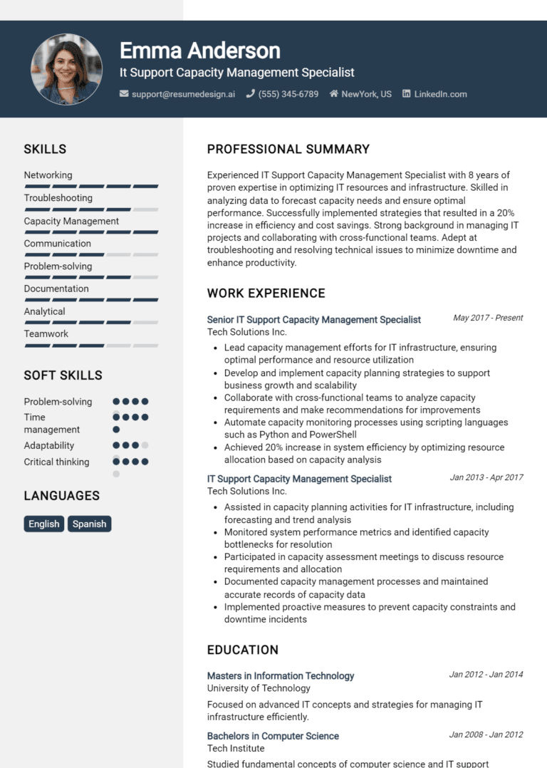 24 IT Support Capacity Management Specialist Resume Examples And Templates for 2025