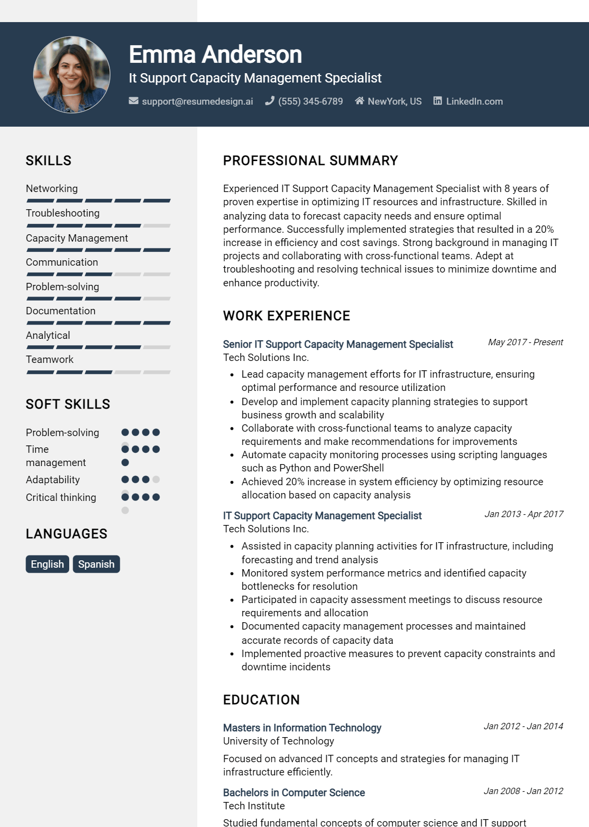 It Support Capacity Management Specialist Resume Example