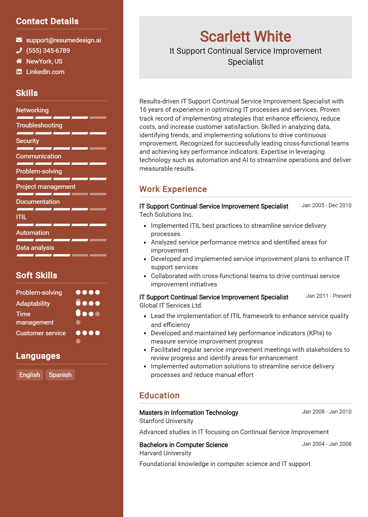 It Support Continual Service Improvement Specialist Resume Example