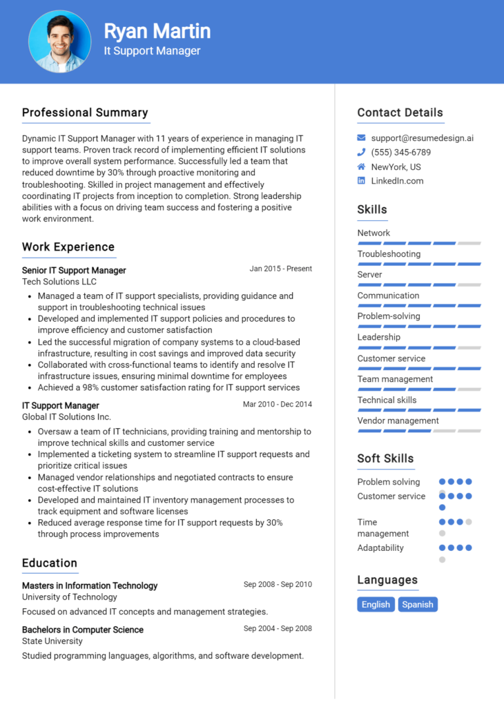 It Support Manager Resume Example