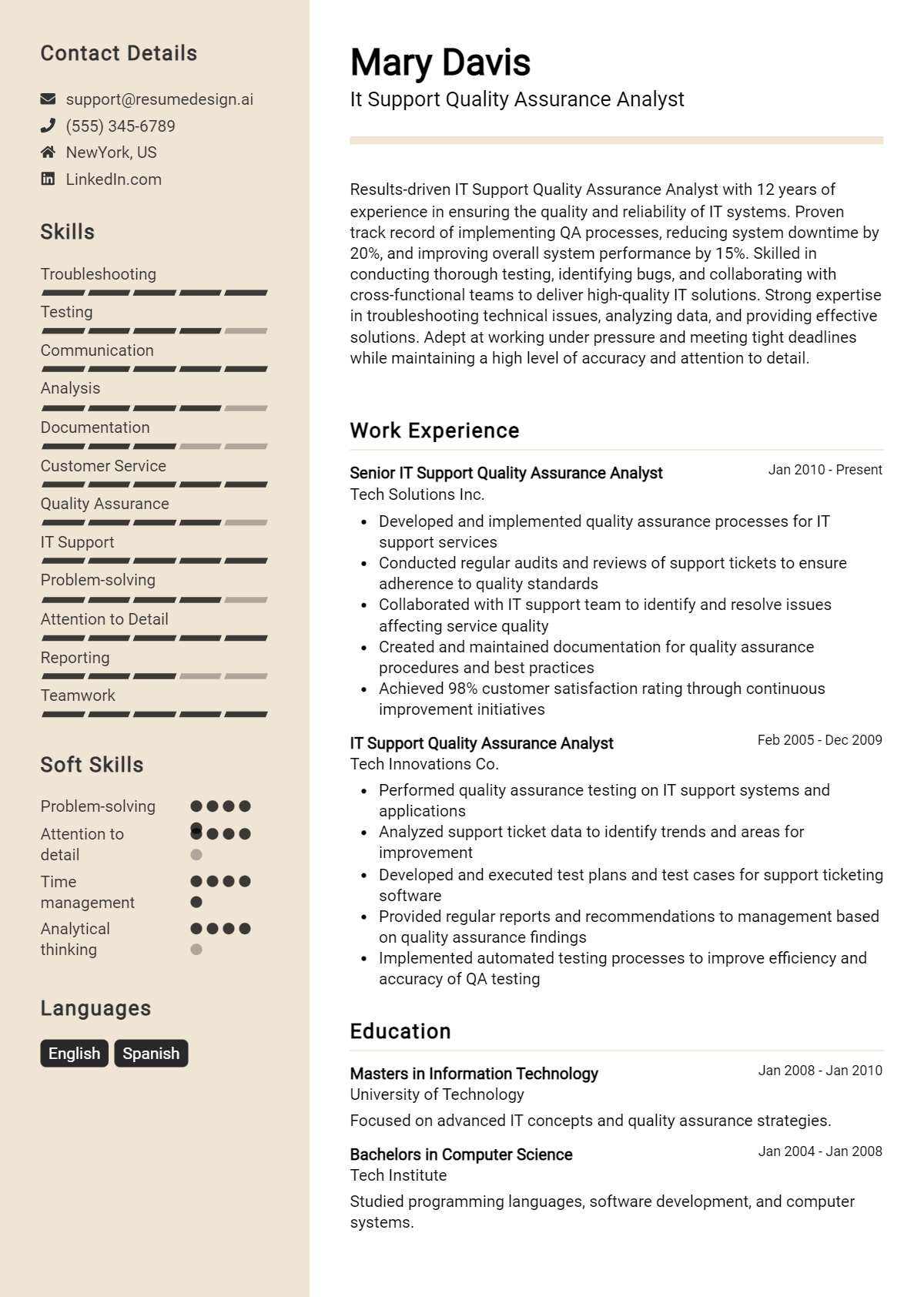 It Support Quality Assurance Analyst Resume Example