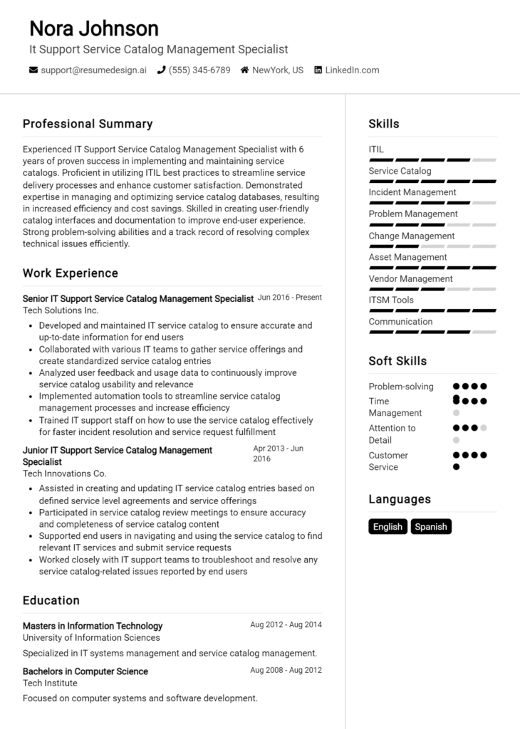 It Support Service Catalog Management Specialist Resume Example