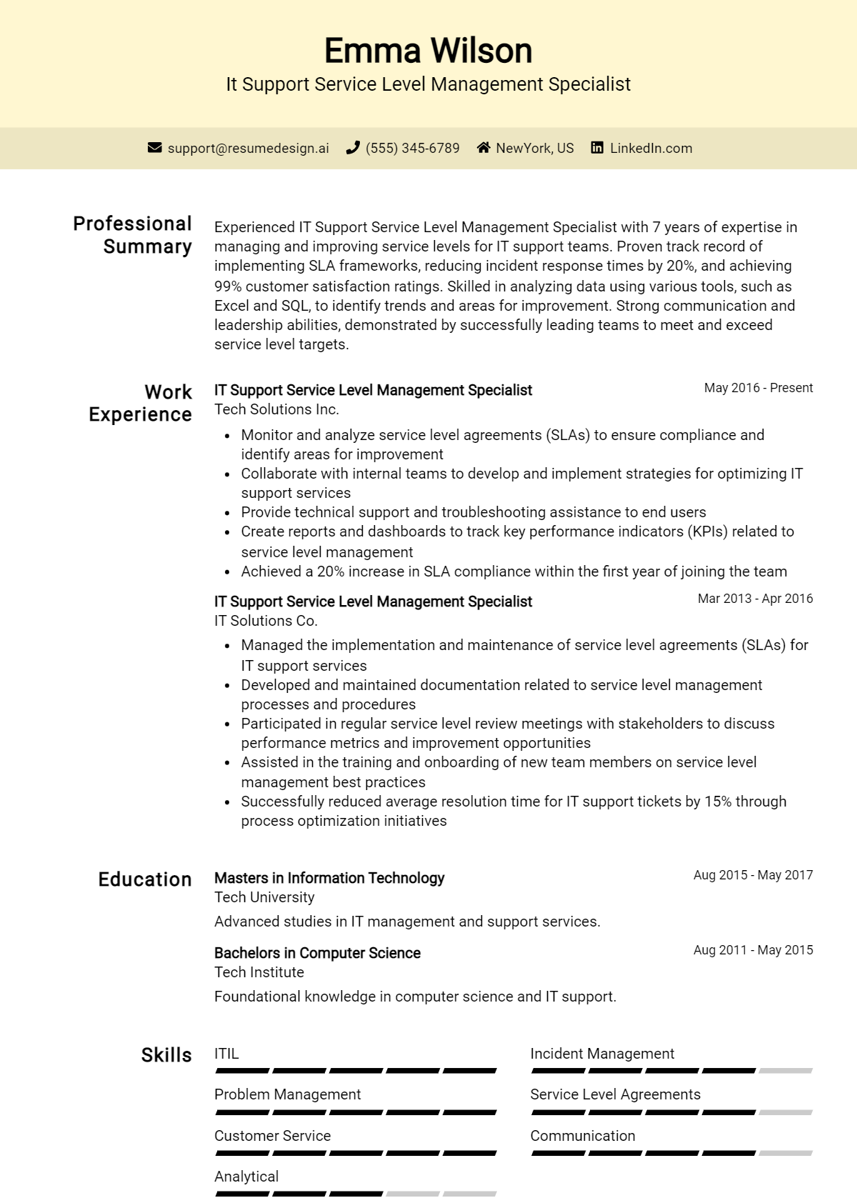 It Support Service Level Management Specialist Resume Example