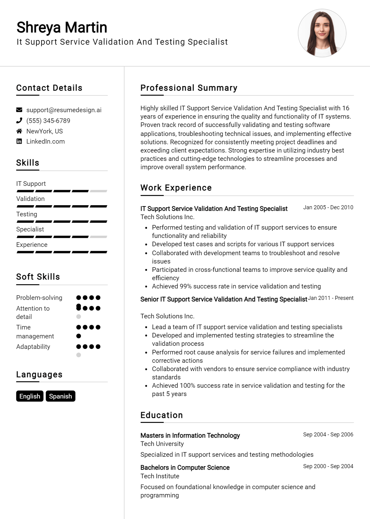 It Support Service Validation And Testing Specialist Resume Example