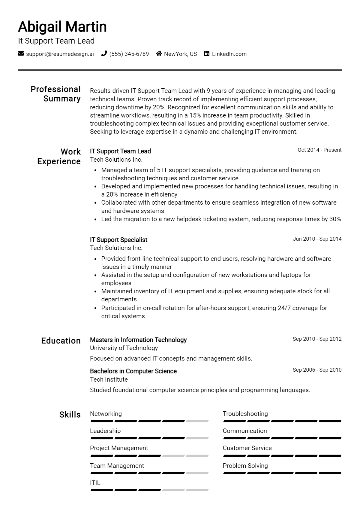 It Support Team Lead Resume Example