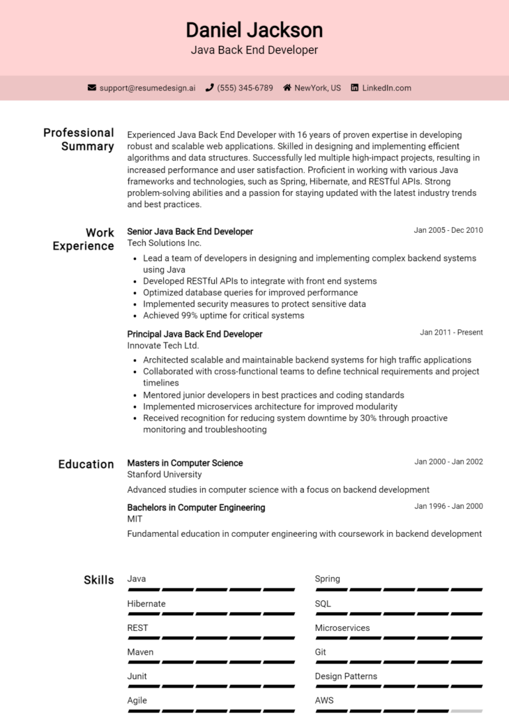 Java Back End Developer Resume Example