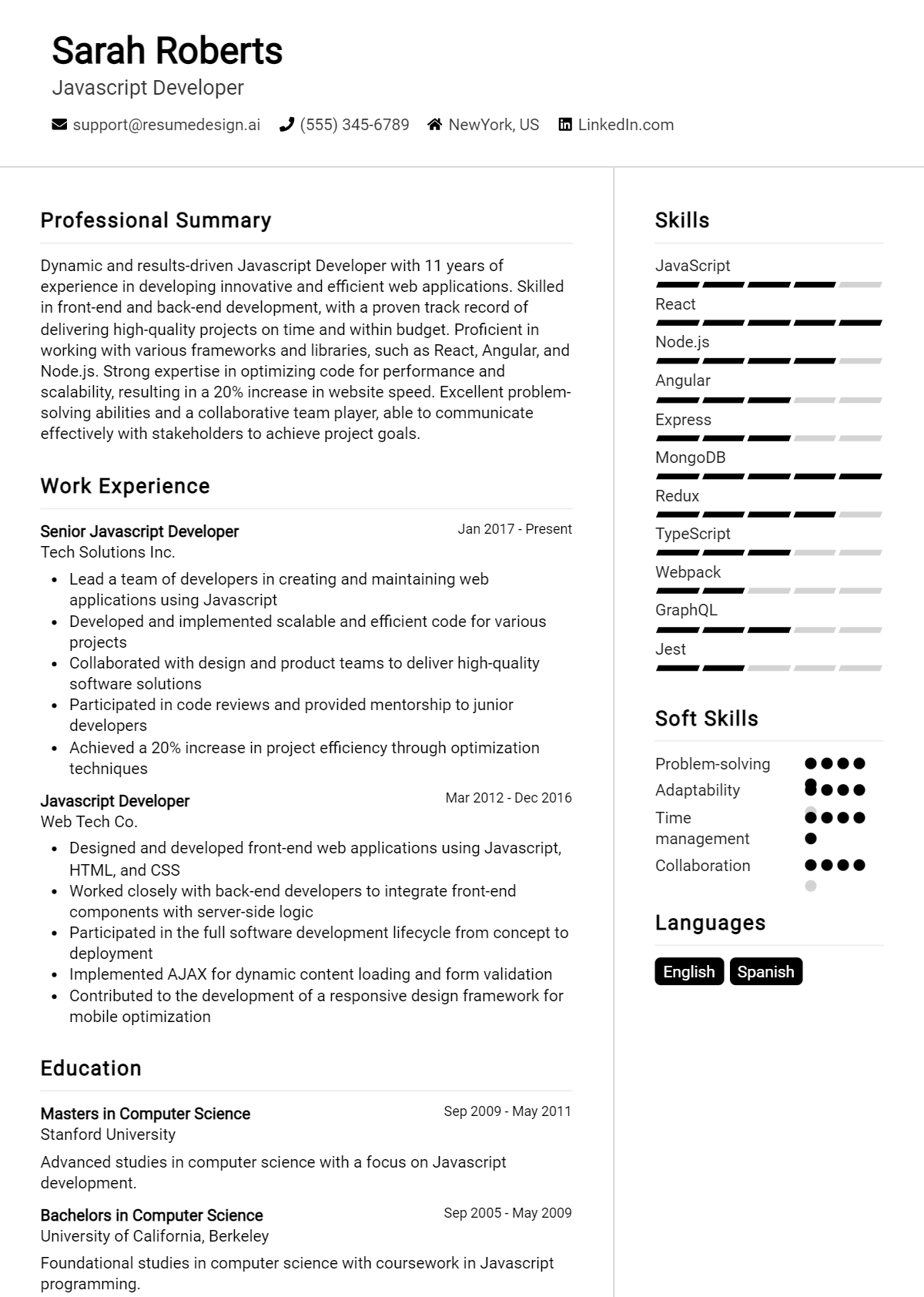 Javascript Developer Resume Example