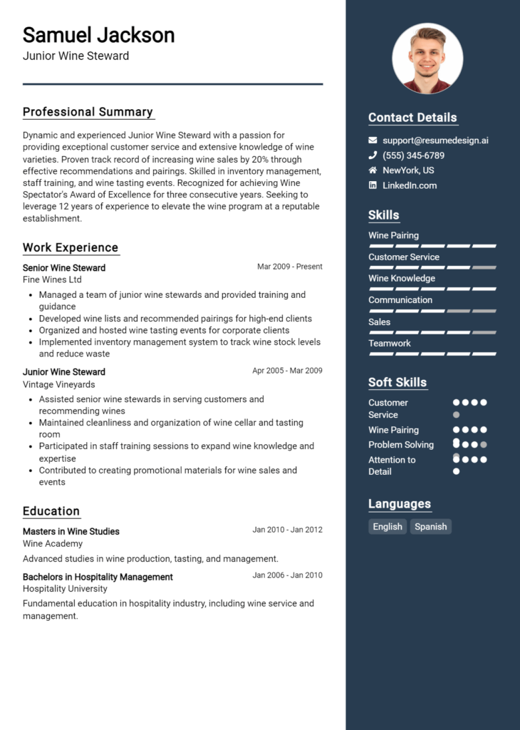 Junior Wine Steward Resume Example