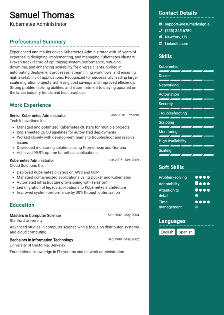 Kubernetes Administrator Resume Example