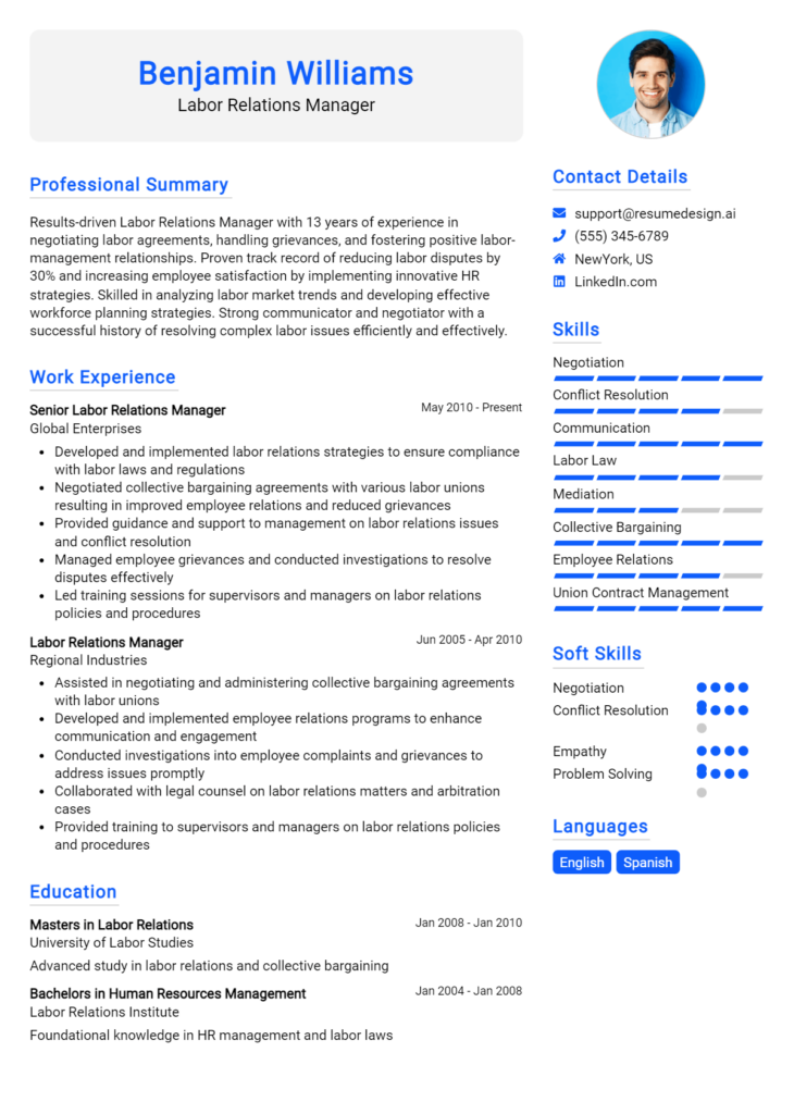 Labor Relations Manager Resume Example