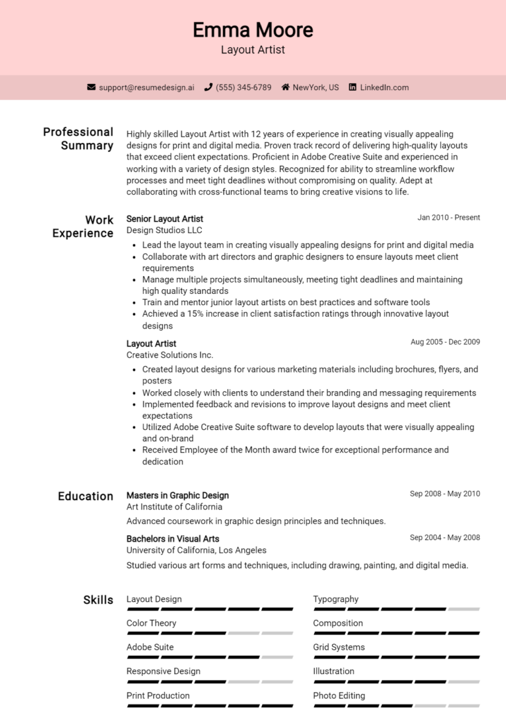 Layout Artist Resume Example