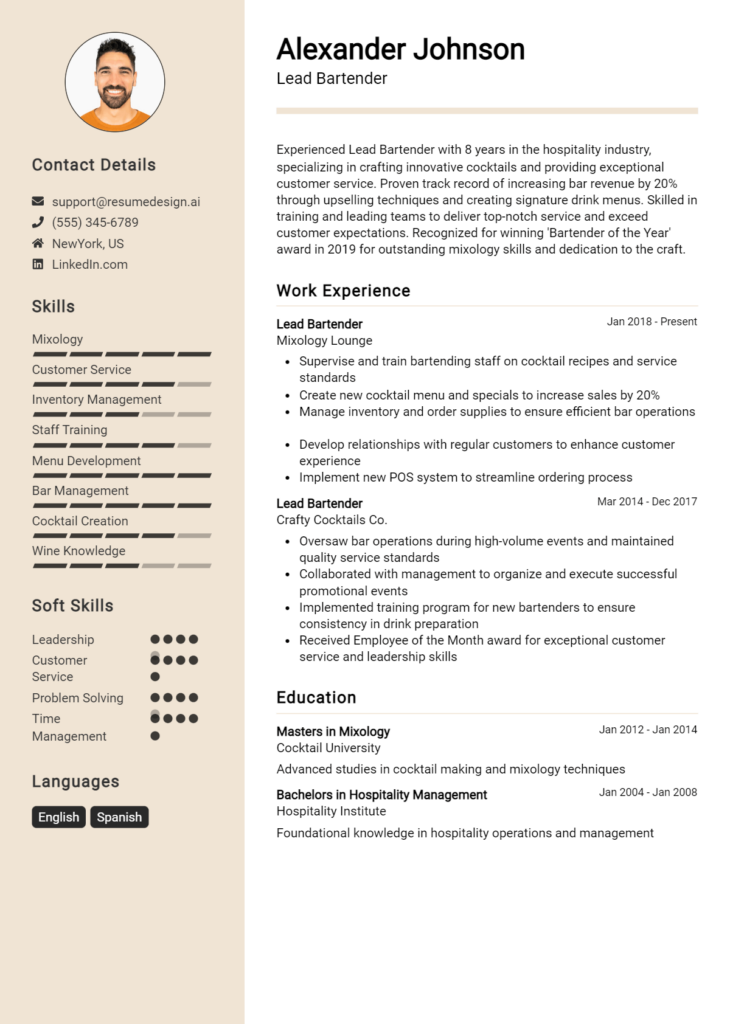 Lead Bartender Resume Example