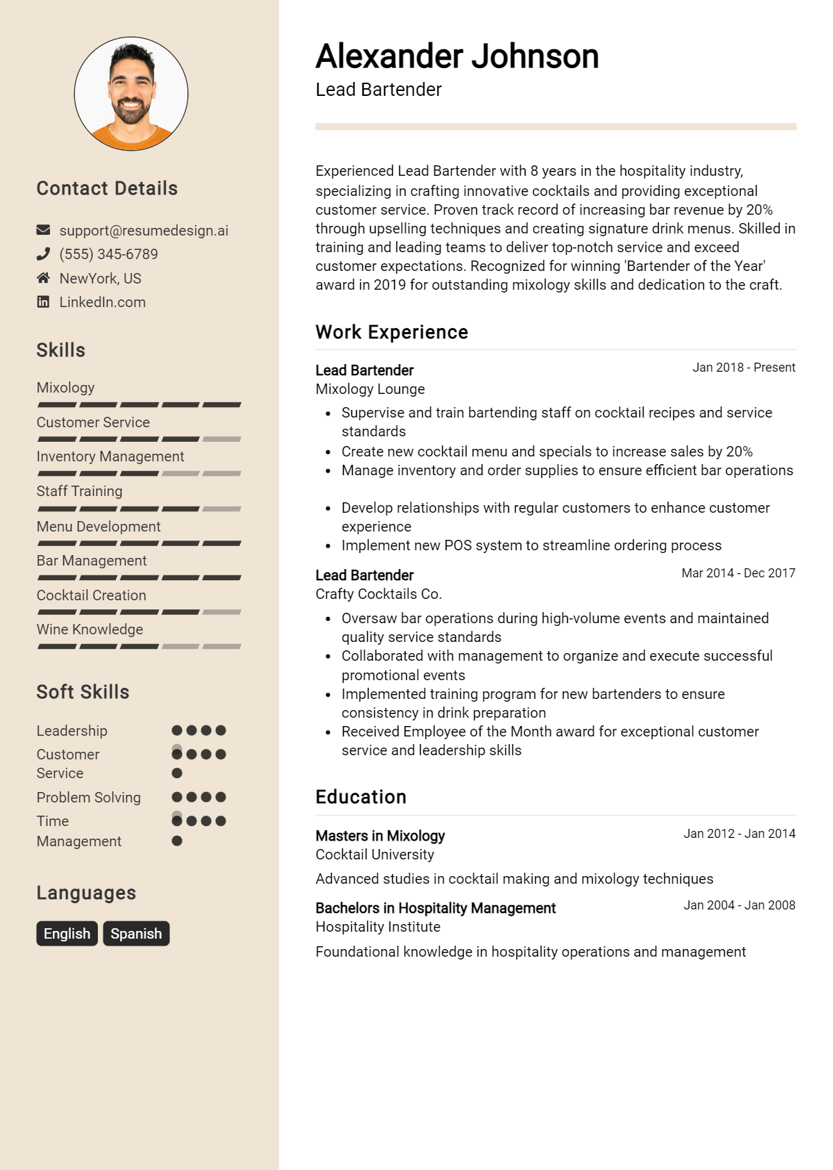 Lead Bartender Resume Example