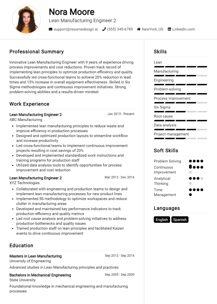 Lean Manufacturing Engineer 2 Resume Example