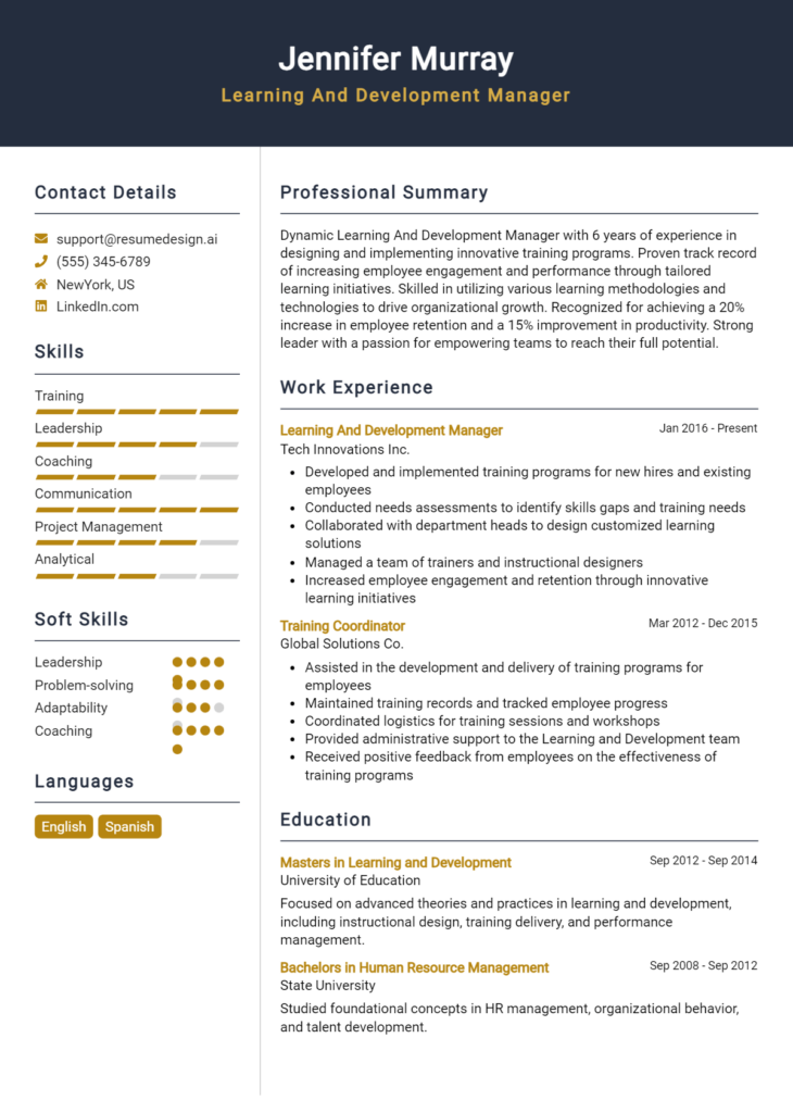 Learning And Development Manager Resume Example