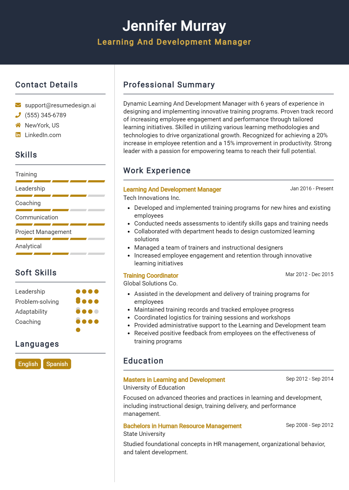 Learning And Development Manager Resume Example