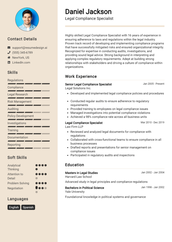 Legal Compliance Specialist Resume Example