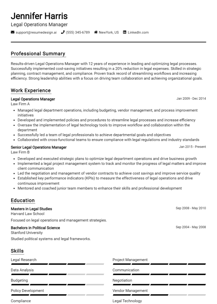 Legal Operations Manager Resume Example