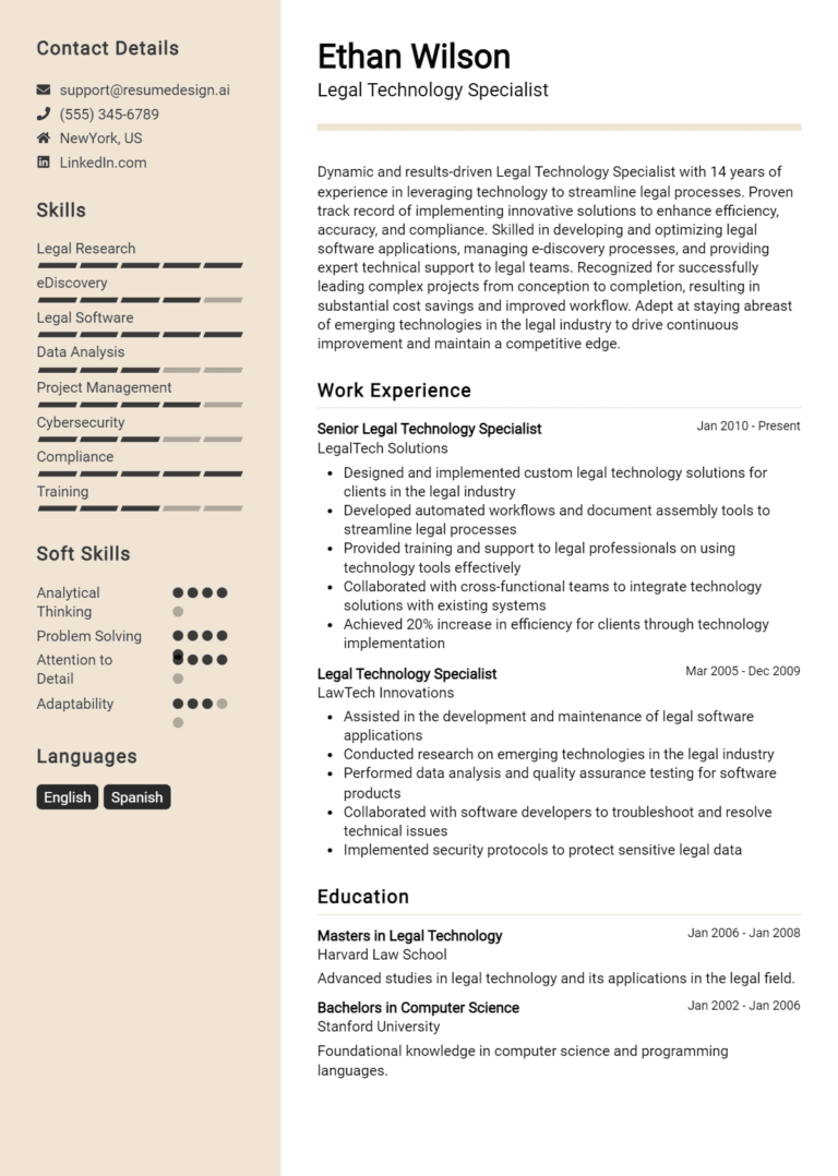 14 Legal Technology Specialist Resume Examples And Templates for 2025: Top Tips