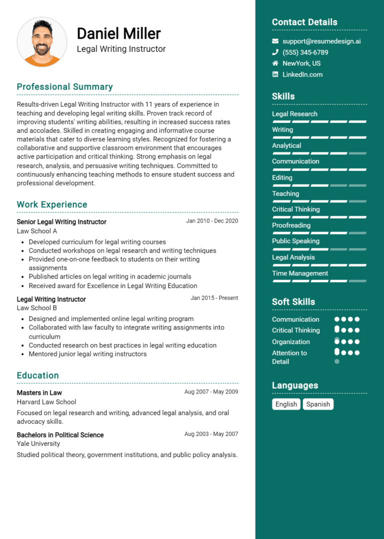 12 Legal Writing Instructor Resume Examples And Templates for 2025 (Downloadable)