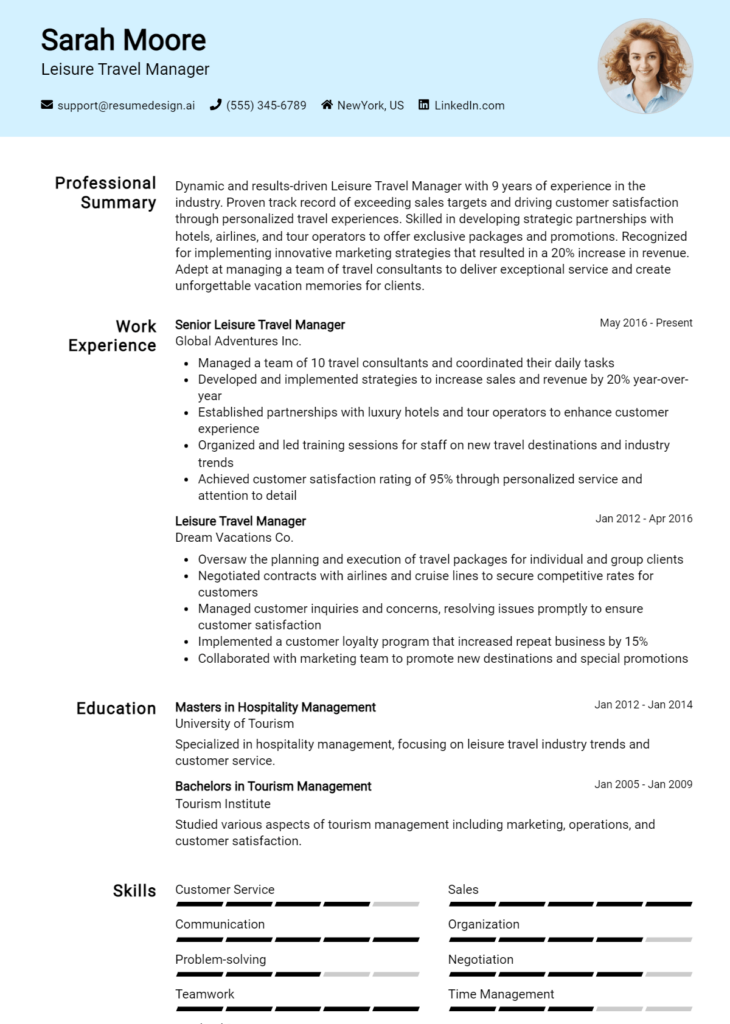 Leisure Travel Manager Resume Example