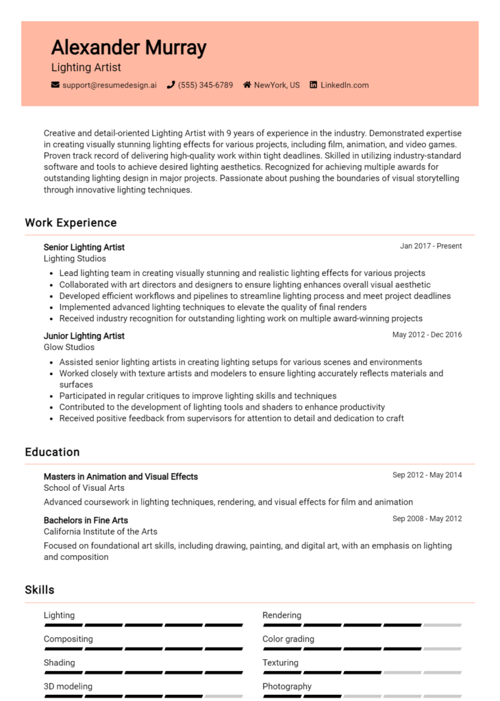 Lighting Artist Resume Example