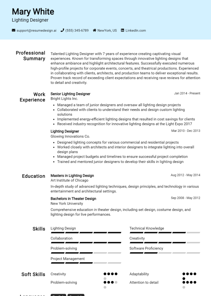 Lighting Designer Resume Example