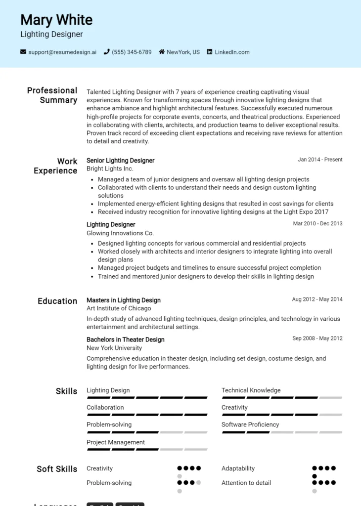 Lighting Designer Resume Example