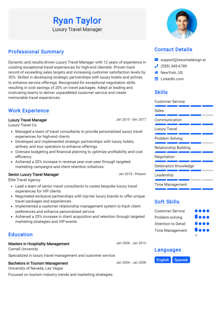 Luxury Travel Manager Resume Example