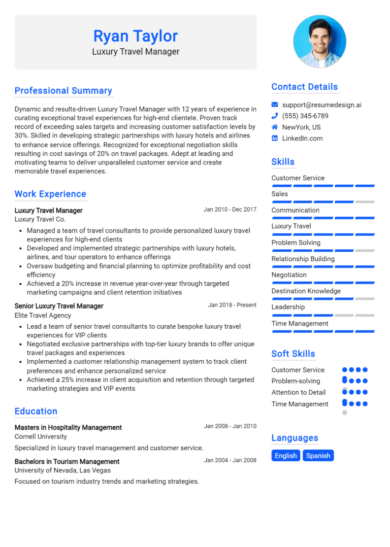 18 Luxury Travel Manager Resume Examples And Templates for 2025