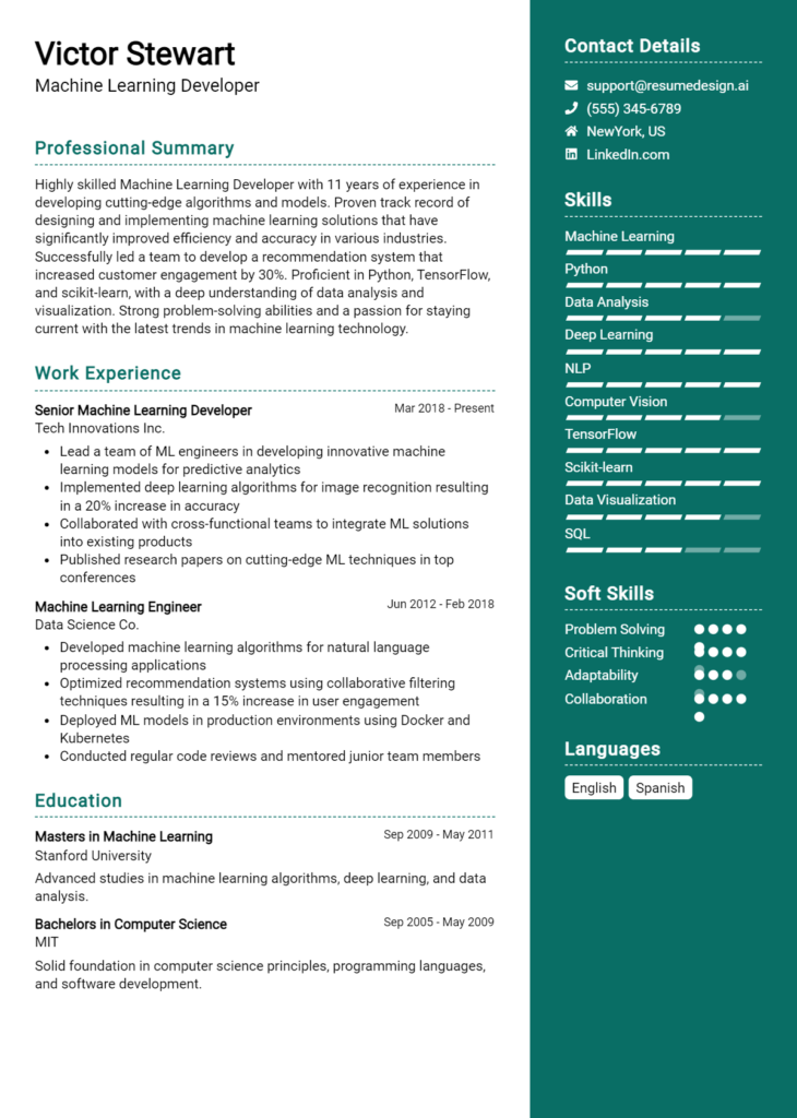 Machine Learning Developer Resume Example