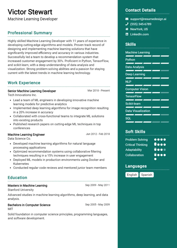 Machine Learning Developer Resume Example