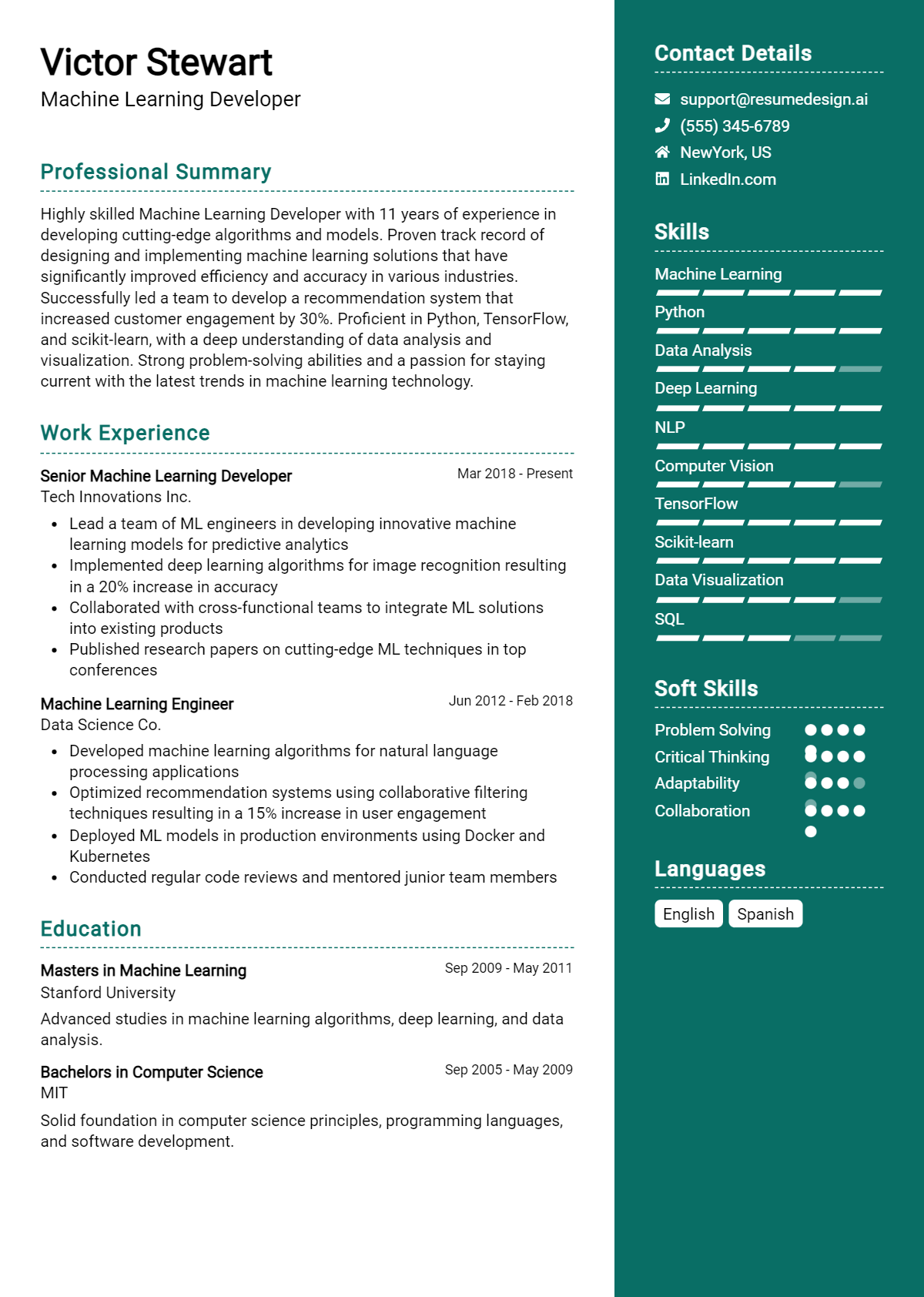 Machine Learning Developer Resume Example