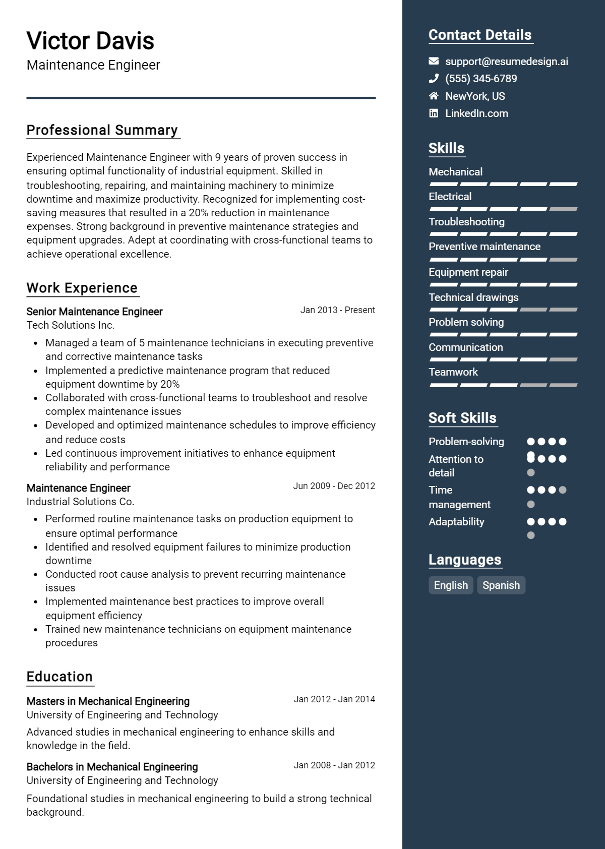 Maintenance Engineer Resume Example