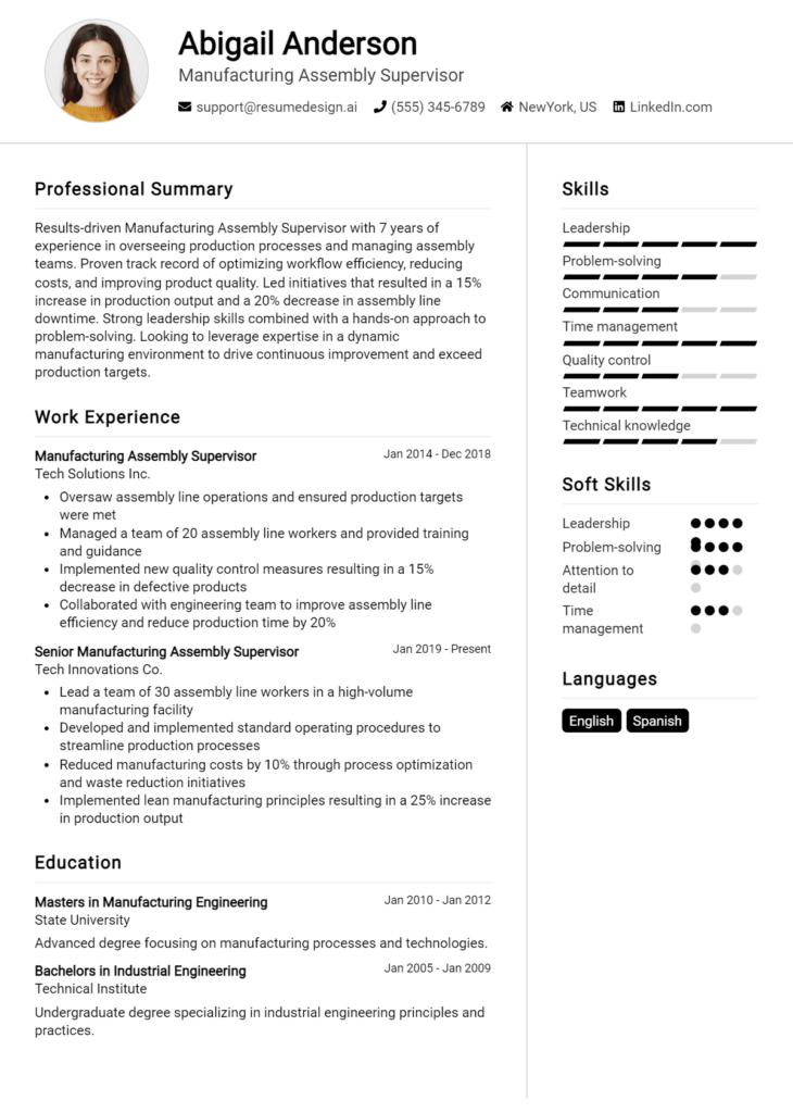 Manufacturing Assembly Supervisor Resume Example