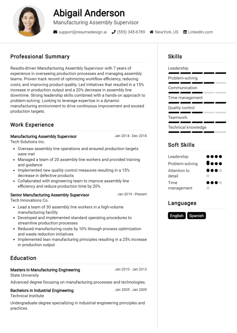 18 Manufacturing Assembly Supervisor Resume Examples And Templates for 2025: Best Tips