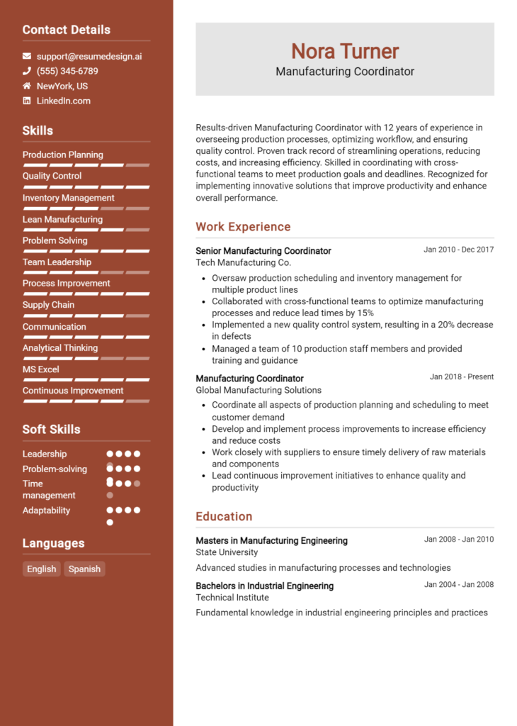 Manufacturing Coordinator Resume Example