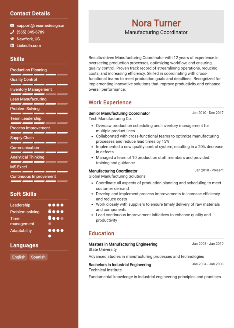 20 Manufacturing Coordinator Resume Examples And Templates for 2025
