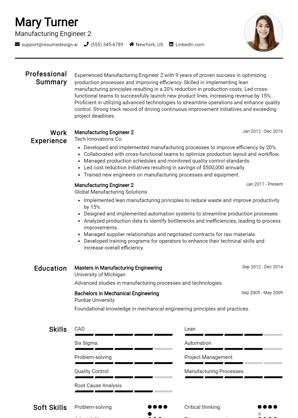 Manufacturing Engineer 2 Resume Example